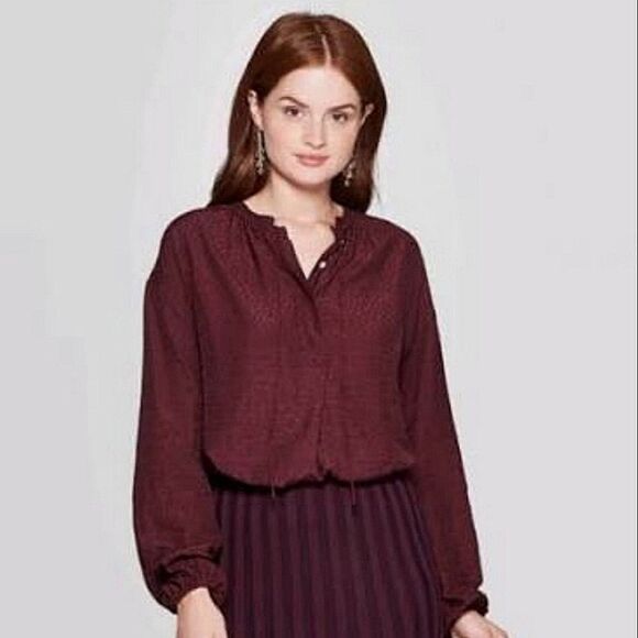 A New Day Burgundy Jacquard Pullover Long Sleeve Blouse - Picture 1 of 14